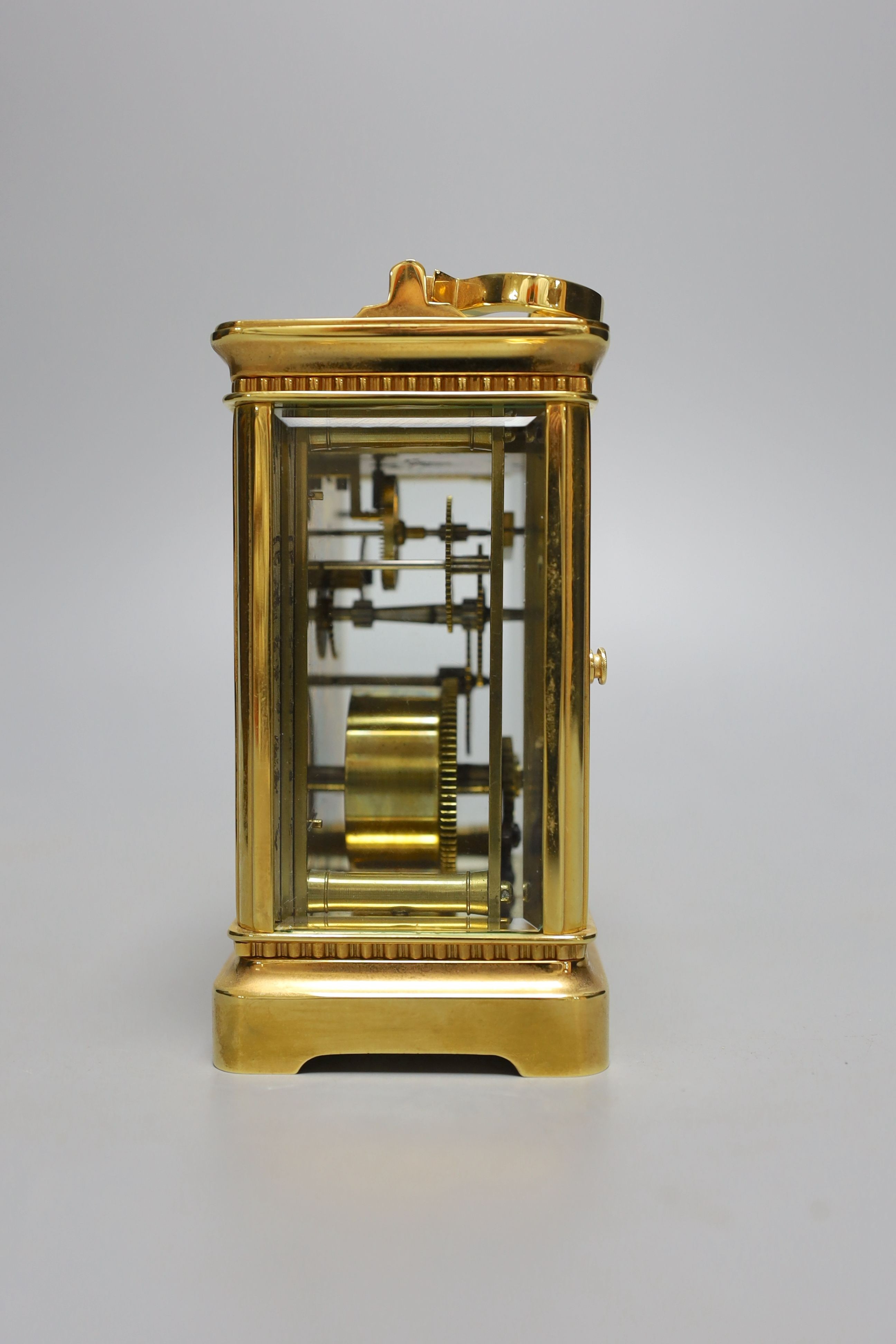 A cased French gilt brass carriage timepiece with flower garland enamelled Arabic numeral dial, c.1900 - 13.5cm tall